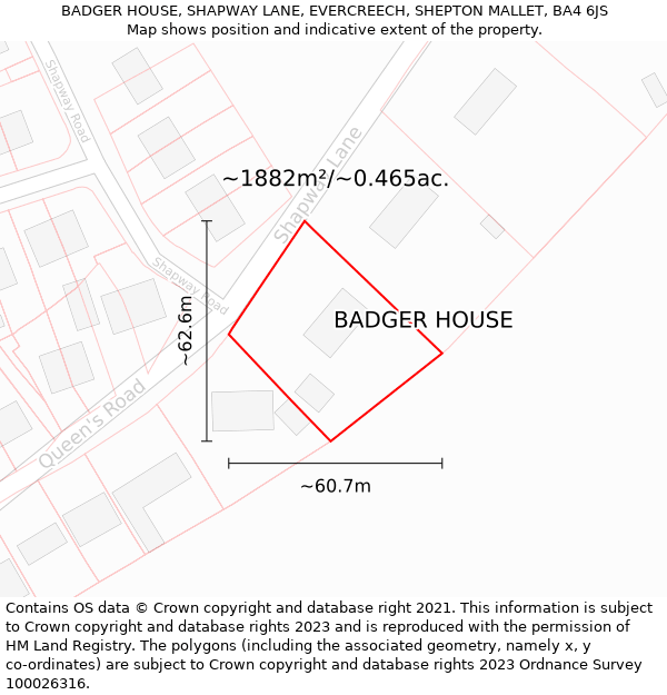 BADGER HOUSE, SHAPWAY LANE, EVERCREECH, SHEPTON MALLET, BA4 6JS: Plot and title map