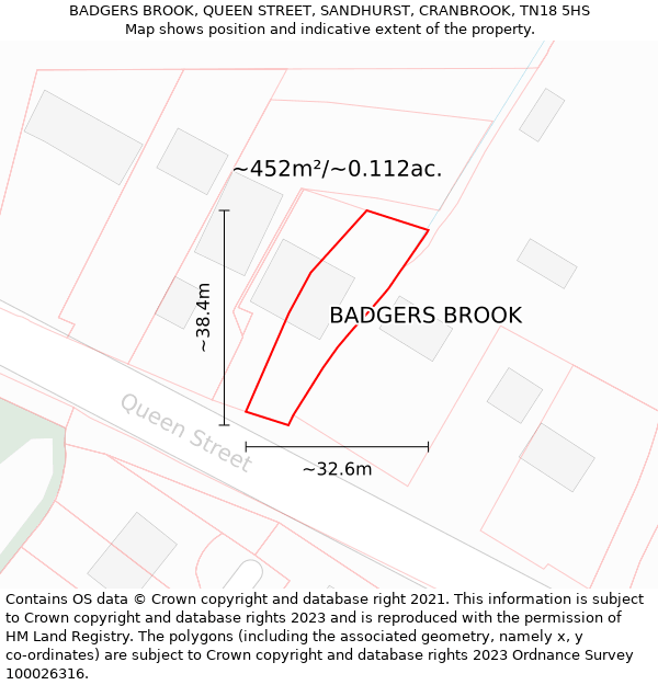 BADGERS BROOK, QUEEN STREET, SANDHURST, CRANBROOK, TN18 5HS: Plot and title map