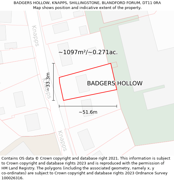 BADGERS HOLLOW, KNAPPS, SHILLINGSTONE, BLANDFORD FORUM, DT11 0RA: Plot and title map