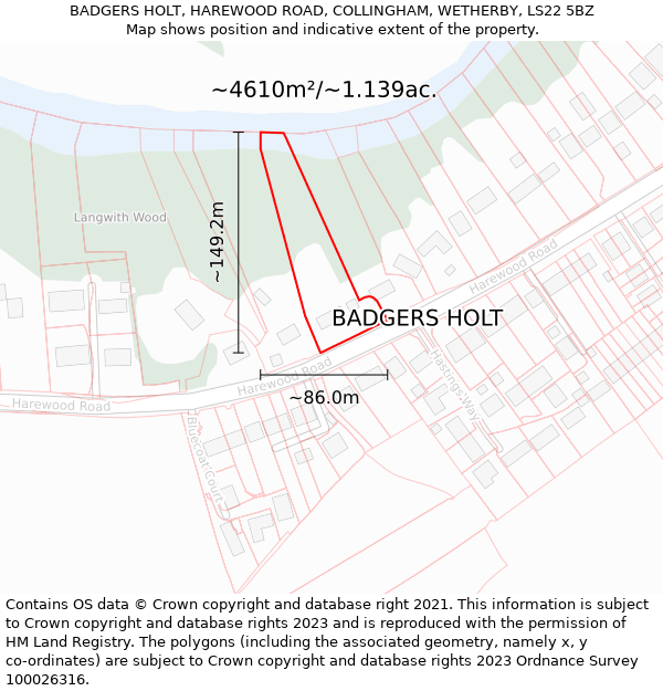 BADGERS HOLT, HAREWOOD ROAD, COLLINGHAM, WETHERBY, LS22 5BZ: Plot and title map