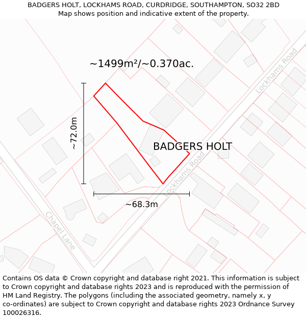 BADGERS HOLT, LOCKHAMS ROAD, CURDRIDGE, SOUTHAMPTON, SO32 2BD: Plot and title map