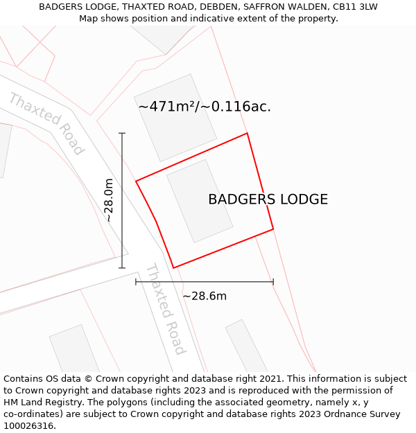 BADGERS LODGE, THAXTED ROAD, DEBDEN, SAFFRON WALDEN, CB11 3LW: Plot and title map