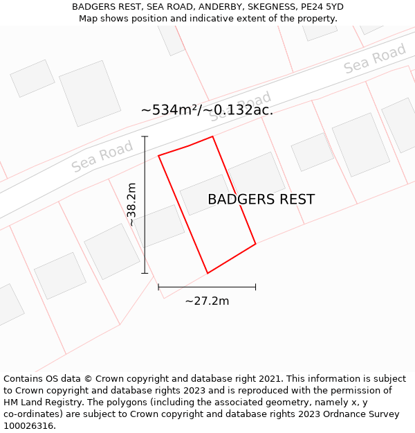 BADGERS REST, SEA ROAD, ANDERBY, SKEGNESS, PE24 5YD: Plot and title map