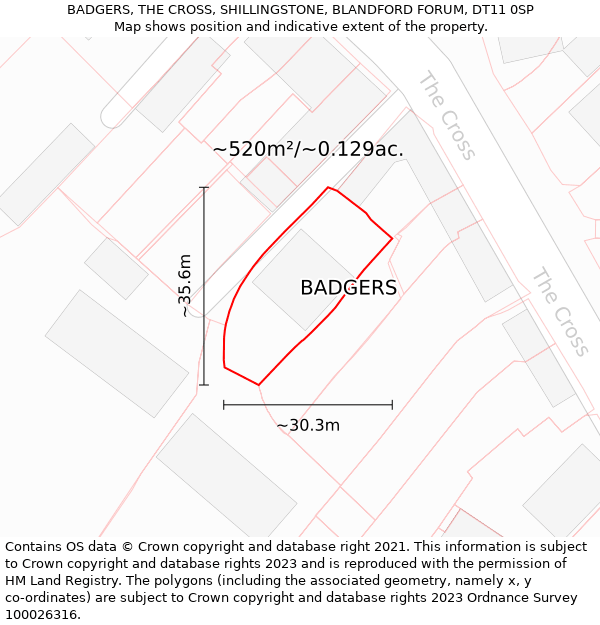 BADGERS, THE CROSS, SHILLINGSTONE, BLANDFORD FORUM, DT11 0SP: Plot and title map