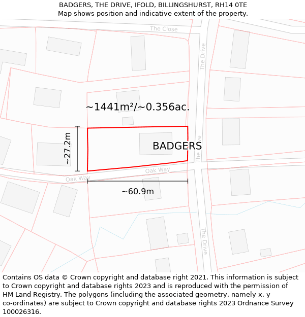 BADGERS, THE DRIVE, IFOLD, BILLINGSHURST, RH14 0TE: Plot and title map