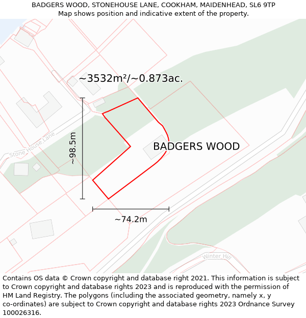 BADGERS WOOD, STONEHOUSE LANE, COOKHAM, MAIDENHEAD, SL6 9TP: Plot and title map