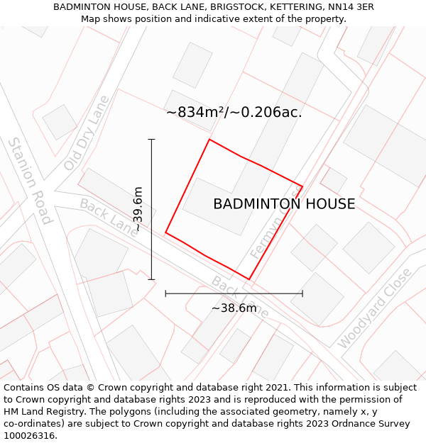 BADMINTON HOUSE, BACK LANE, BRIGSTOCK, KETTERING, NN14 3ER: Plot and title map