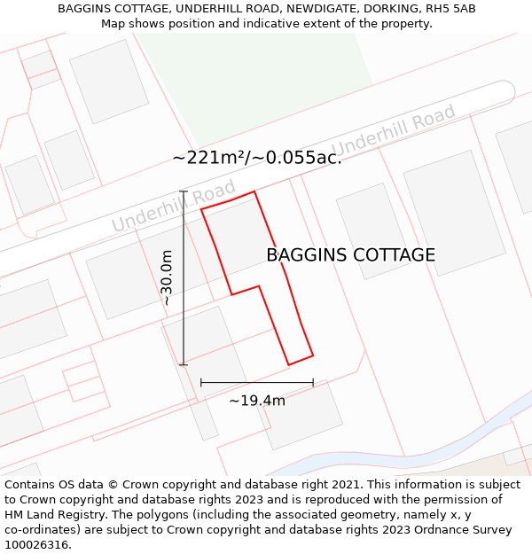 BAGGINS COTTAGE, UNDERHILL ROAD, NEWDIGATE, DORKING, RH5 5AB: Plot and title map