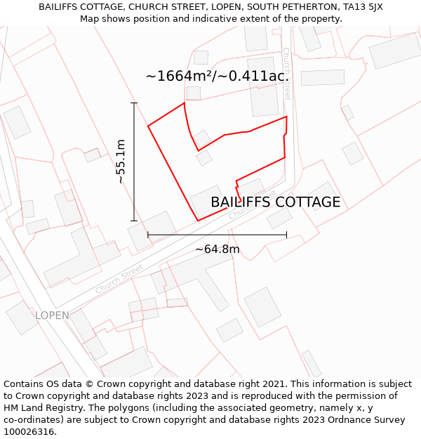 BAILIFFS COTTAGE, CHURCH STREET, LOPEN, SOUTH PETHERTON, TA13 5JX: Plot and title map