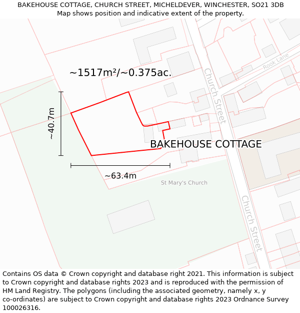 BAKEHOUSE COTTAGE, CHURCH STREET, MICHELDEVER, WINCHESTER, SO21 3DB: Plot and title map