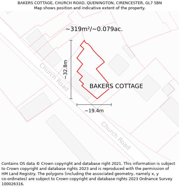 BAKERS COTTAGE, CHURCH ROAD, QUENINGTON, CIRENCESTER, GL7 5BN: Plot and title map