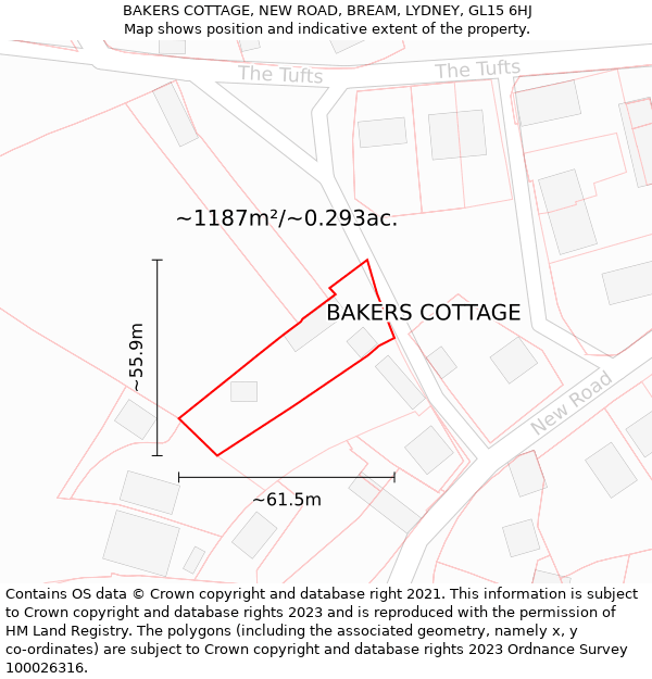 BAKERS COTTAGE, NEW ROAD, BREAM, LYDNEY, GL15 6HJ: Plot and title map