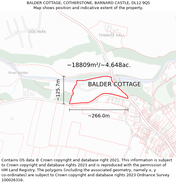 BALDER COTTAGE, COTHERSTONE, BARNARD CASTLE, DL12 9QS: Plot and title map