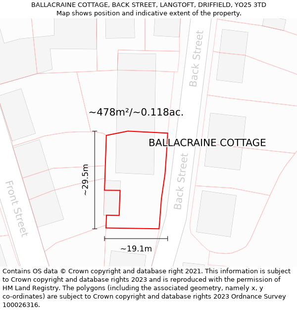 BALLACRAINE COTTAGE, BACK STREET, LANGTOFT, DRIFFIELD, YO25 3TD: Plot and title map