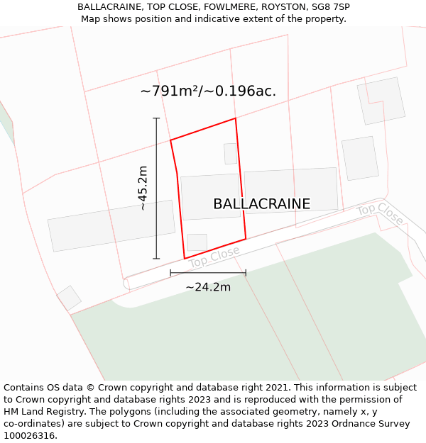 BALLACRAINE, TOP CLOSE, FOWLMERE, ROYSTON, SG8 7SP: Plot and title map