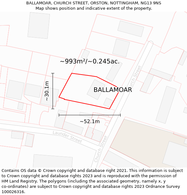 BALLAMOAR, CHURCH STREET, ORSTON, NOTTINGHAM, NG13 9NS: Plot and title map