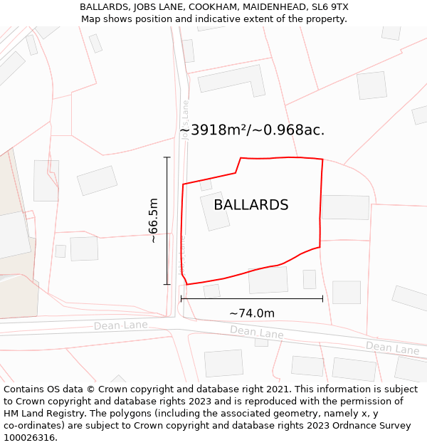 BALLARDS, JOBS LANE, COOKHAM, MAIDENHEAD, SL6 9TX: Plot and title map