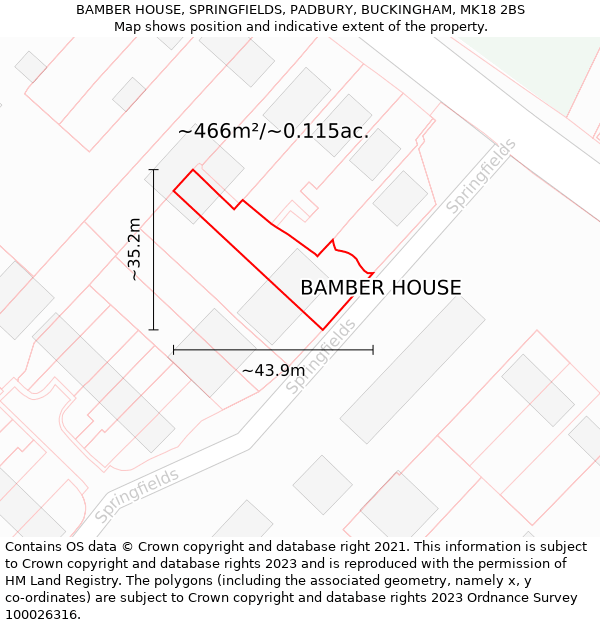 BAMBER HOUSE, SPRINGFIELDS, PADBURY, BUCKINGHAM, MK18 2BS: Plot and title map