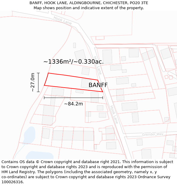 BANFF, HOOK LANE, ALDINGBOURNE, CHICHESTER, PO20 3TE: Plot and title map