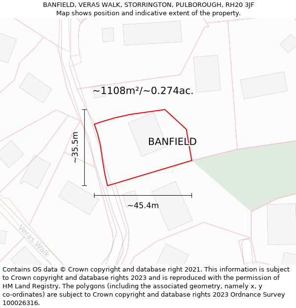 BANFIELD, VERAS WALK, STORRINGTON, PULBOROUGH, RH20 3JF: Plot and title map