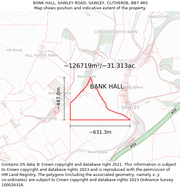 BANK HALL, SAWLEY ROAD, SAWLEY, CLITHEROE, BB7 4RS: Plot and title map