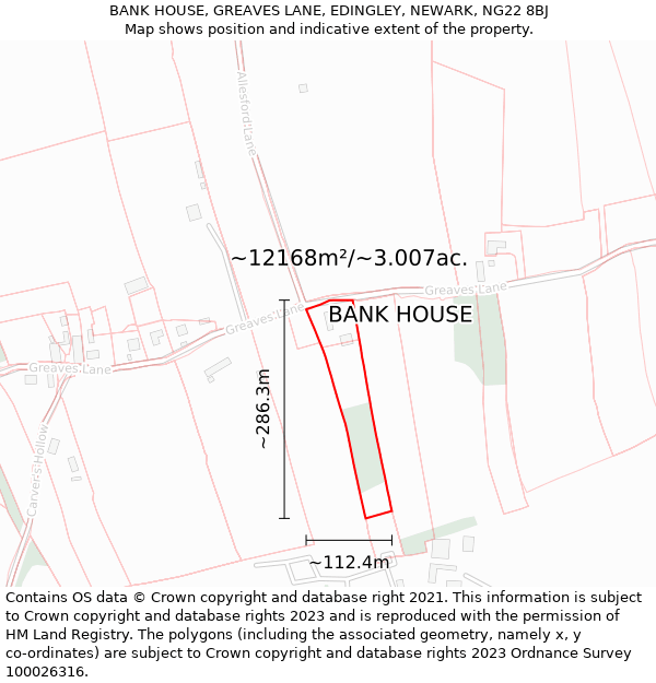 BANK HOUSE, GREAVES LANE, EDINGLEY, NEWARK, NG22 8BJ: Plot and title map