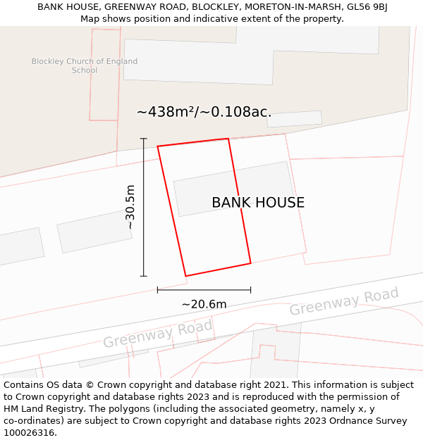 BANK HOUSE, GREENWAY ROAD, BLOCKLEY, MORETON-IN-MARSH, GL56 9BJ: Plot and title map