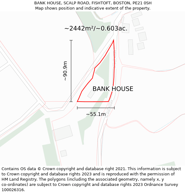 BANK HOUSE, SCALP ROAD, FISHTOFT, BOSTON, PE21 0SH: Plot and title map