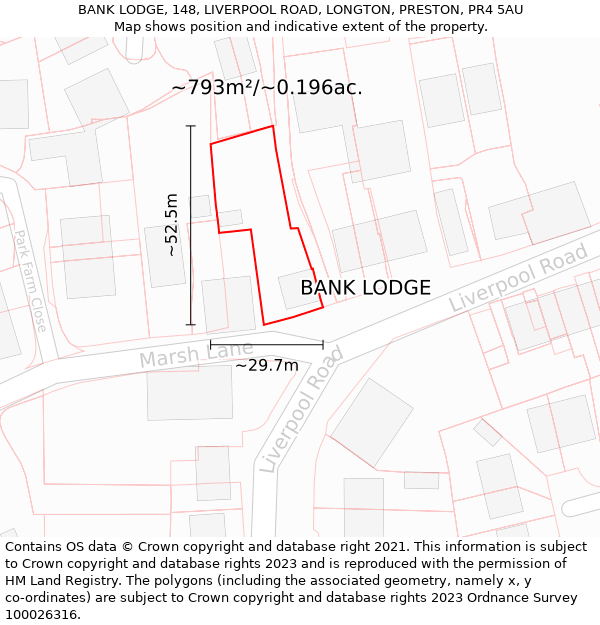 BANK LODGE, 148, LIVERPOOL ROAD, LONGTON, PRESTON, PR4 5AU: Plot and title map