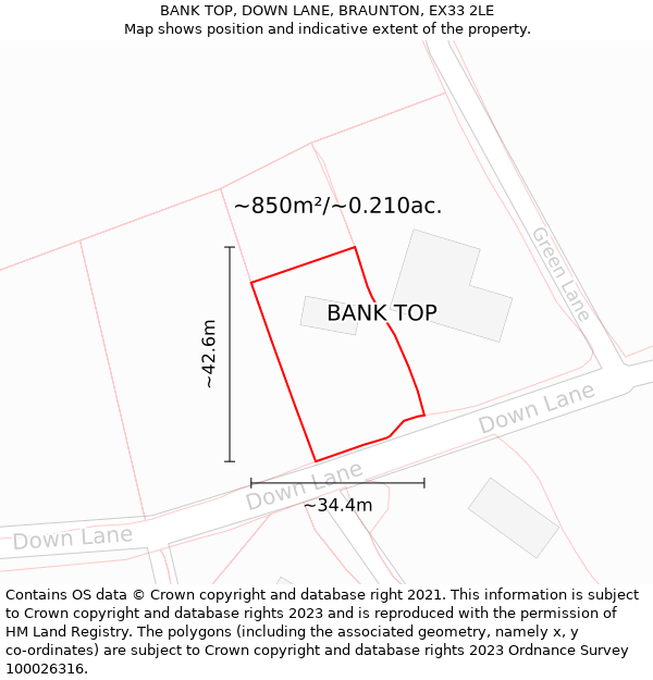 BANK TOP, DOWN LANE, BRAUNTON, EX33 2LE: Plot and title map