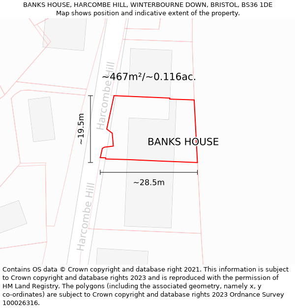 BANKS HOUSE, HARCOMBE HILL, WINTERBOURNE DOWN, BRISTOL, BS36 1DE: Plot and title map