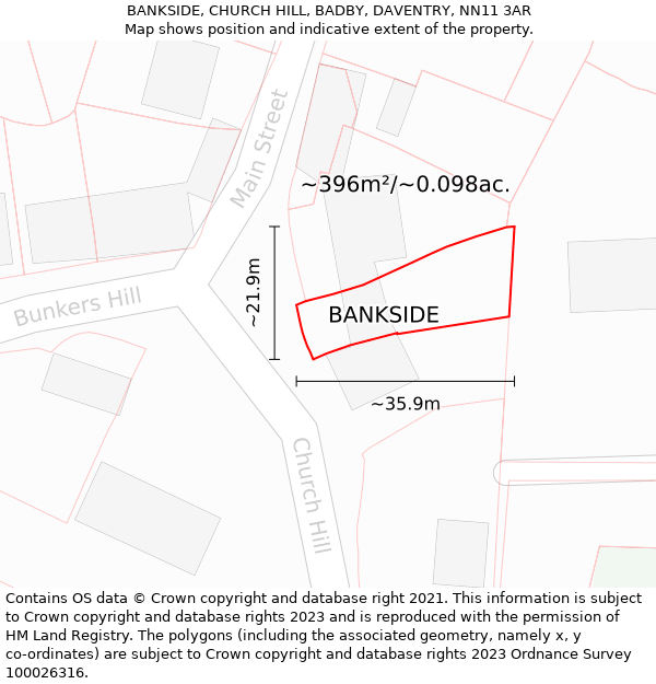 BANKSIDE, CHURCH HILL, BADBY, DAVENTRY, NN11 3AR: Plot and title map
