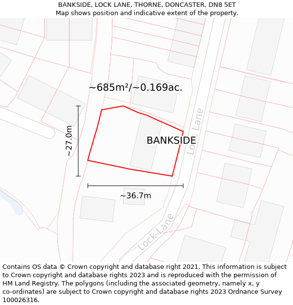 BANKSIDE, LOCK LANE, THORNE, DONCASTER, DN8 5ET: Plot and title map