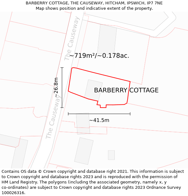 BARBERRY COTTAGE, THE CAUSEWAY, HITCHAM, IPSWICH, IP7 7NE: Plot and title map