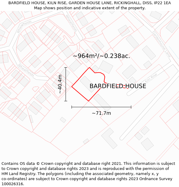 BARDFIELD HOUSE, KILN RISE, GARDEN HOUSE LANE, RICKINGHALL, DISS, IP22 1EA: Plot and title map