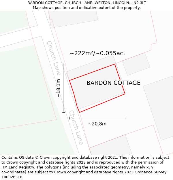 BARDON COTTAGE, CHURCH LANE, WELTON, LINCOLN, LN2 3LT: Plot and title map