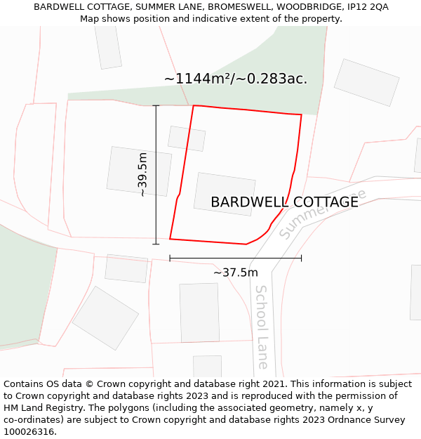 BARDWELL COTTAGE, SUMMER LANE, BROMESWELL, WOODBRIDGE, IP12 2QA: Plot and title map