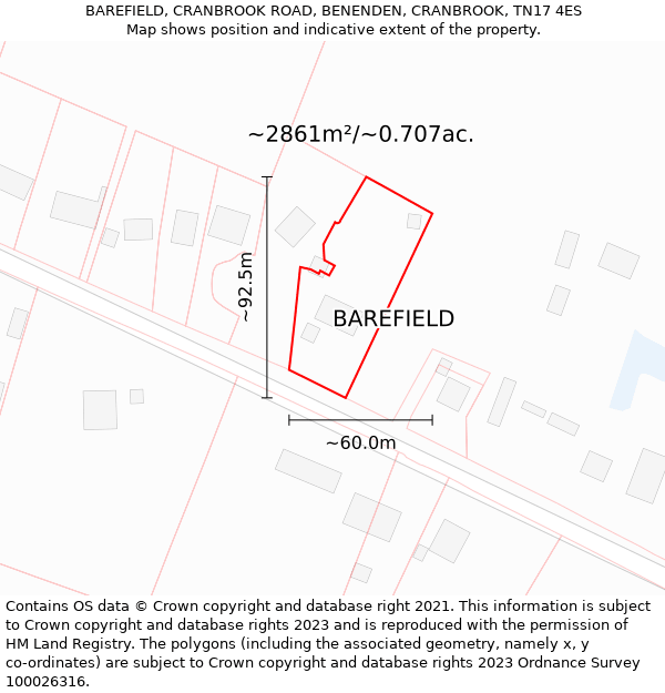 BAREFIELD, CRANBROOK ROAD, BENENDEN, CRANBROOK, TN17 4ES: Plot and title map