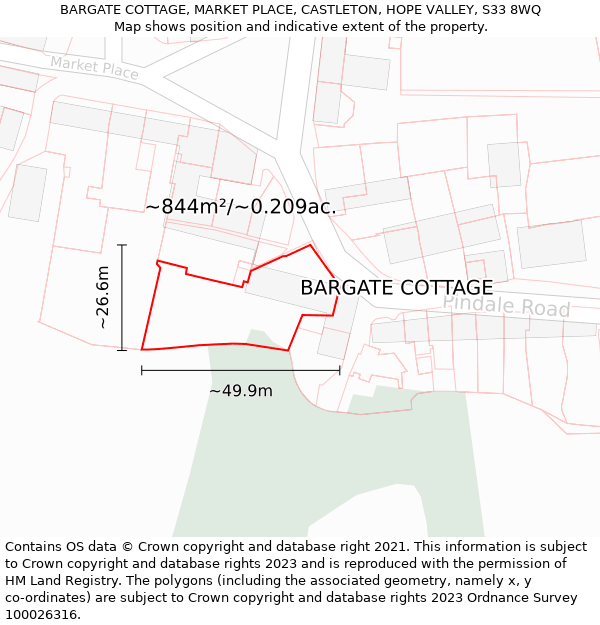 BARGATE COTTAGE, MARKET PLACE, CASTLETON, HOPE VALLEY, S33 8WQ: Plot and title map