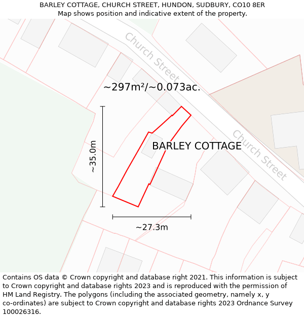 BARLEY COTTAGE, CHURCH STREET, HUNDON, SUDBURY, CO10 8ER: Plot and title map
