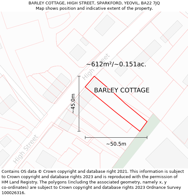 BARLEY COTTAGE, HIGH STREET, SPARKFORD, YEOVIL, BA22 7JQ: Plot and title map