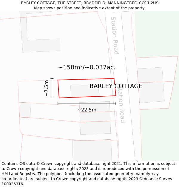 BARLEY COTTAGE, THE STREET, BRADFIELD, MANNINGTREE, CO11 2US: Plot and title map