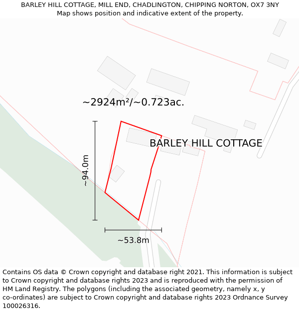 BARLEY HILL COTTAGE, MILL END, CHADLINGTON, CHIPPING NORTON, OX7 3NY: Plot and title map