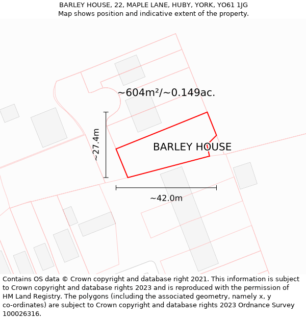 BARLEY HOUSE, 22, MAPLE LANE, HUBY, YORK, YO61 1JG: Plot and title map