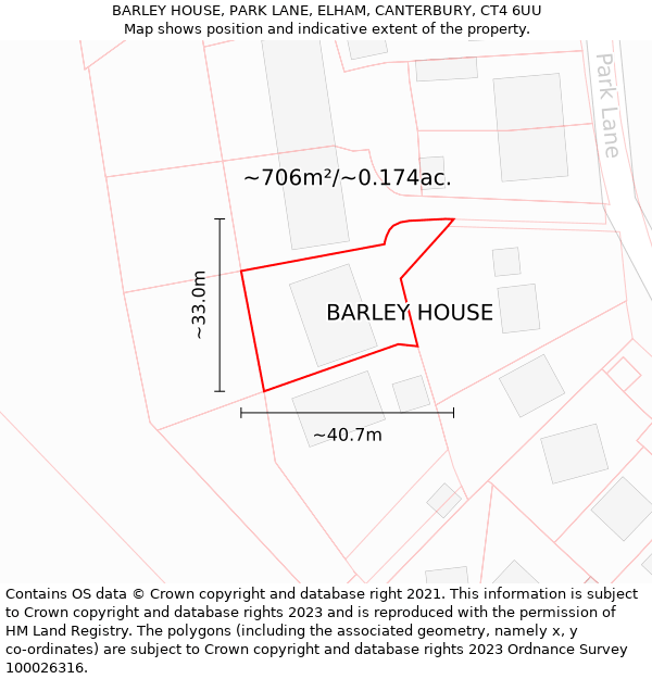 BARLEY HOUSE, PARK LANE, ELHAM, CANTERBURY, CT4 6UU: Plot and title map