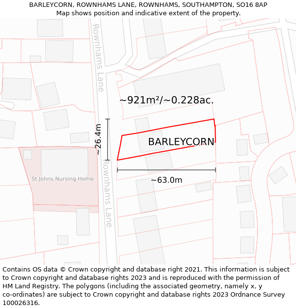 BARLEYCORN, ROWNHAMS LANE, ROWNHAMS, SOUTHAMPTON, SO16 8AP: Plot and title map