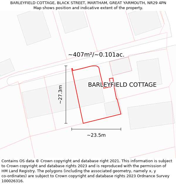 BARLEYFIELD COTTAGE, BLACK STREET, MARTHAM, GREAT YARMOUTH, NR29 4PN: Plot and title map