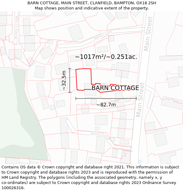 BARN COTTAGE, MAIN STREET, CLANFIELD, BAMPTON, OX18 2SH: Plot and title map