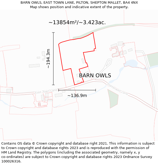 BARN OWLS, EAST TOWN LANE, PILTON, SHEPTON MALLET, BA4 4NX: Plot and title map