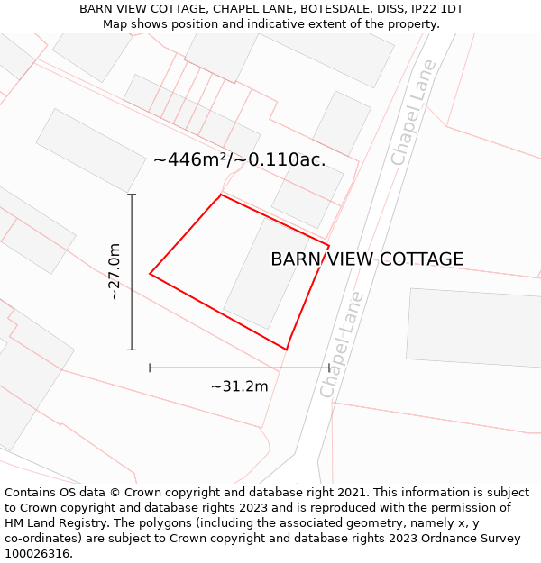 BARN VIEW COTTAGE, CHAPEL LANE, BOTESDALE, DISS, IP22 1DT: Plot and title map